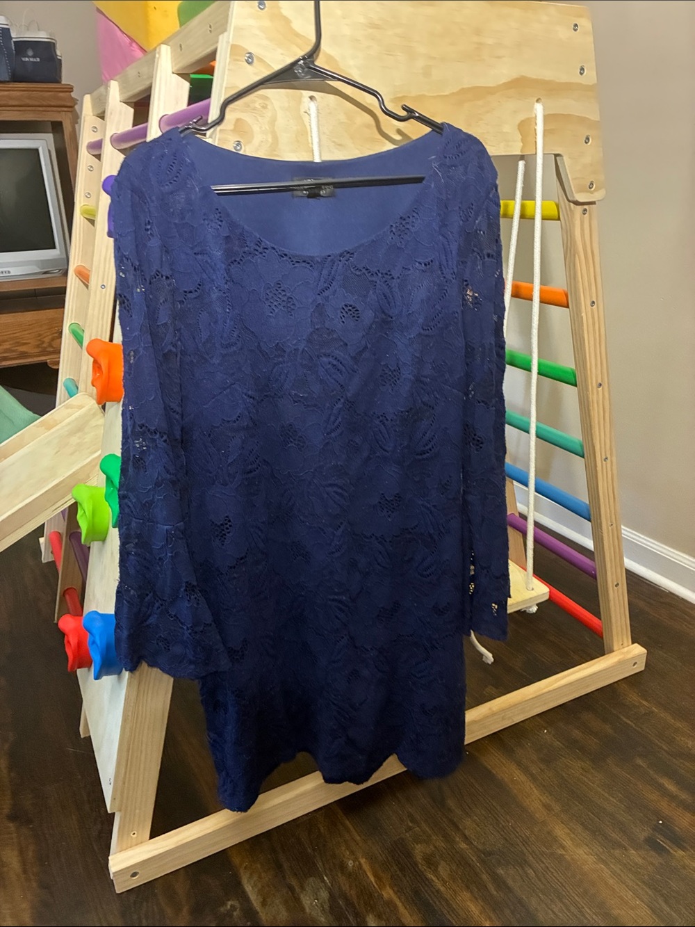 Navy Lace Long Sleeve Shift Dress